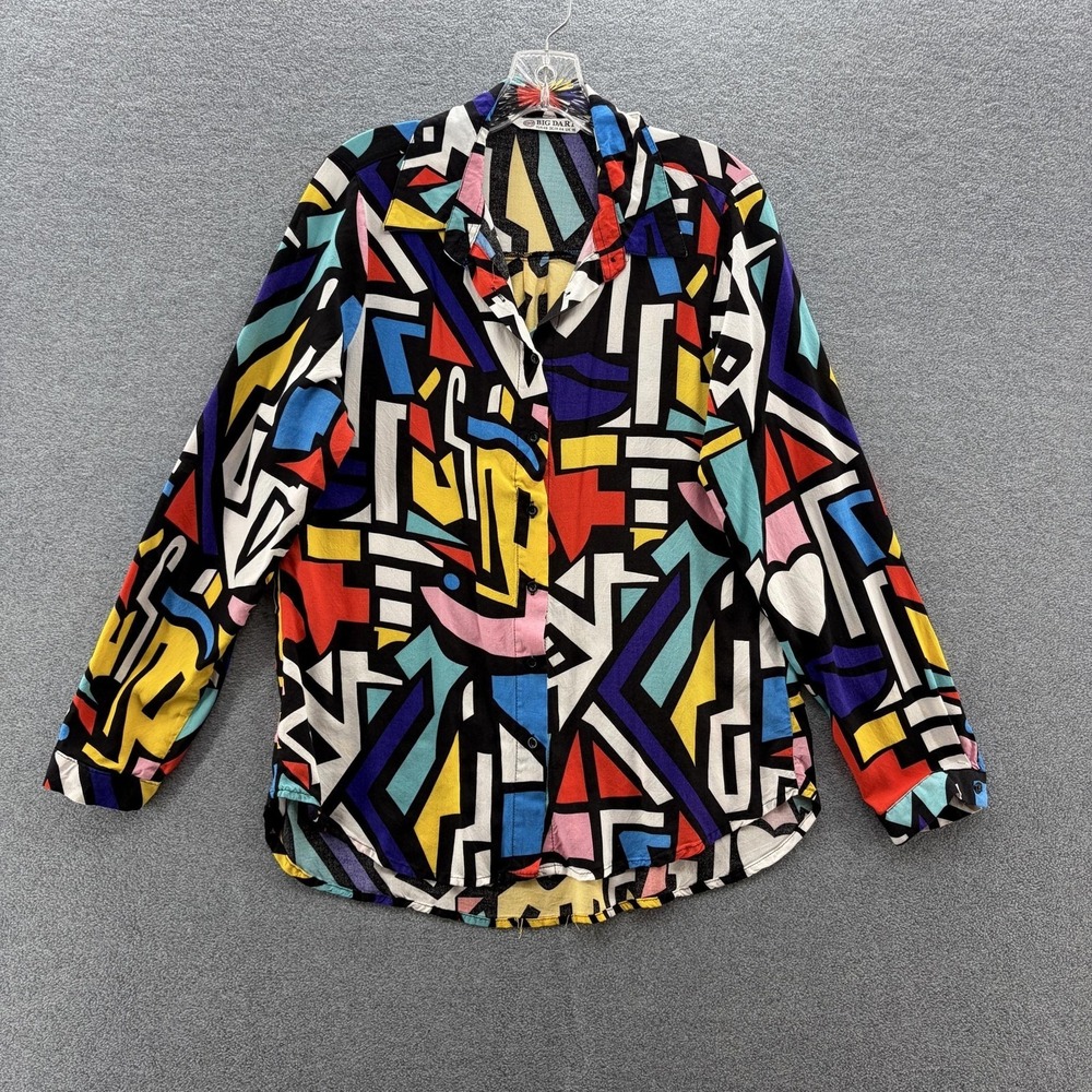 Big Dart Shirt Womens 12 Black Colorful Geo Print Button Up Long Sleeve Art Top